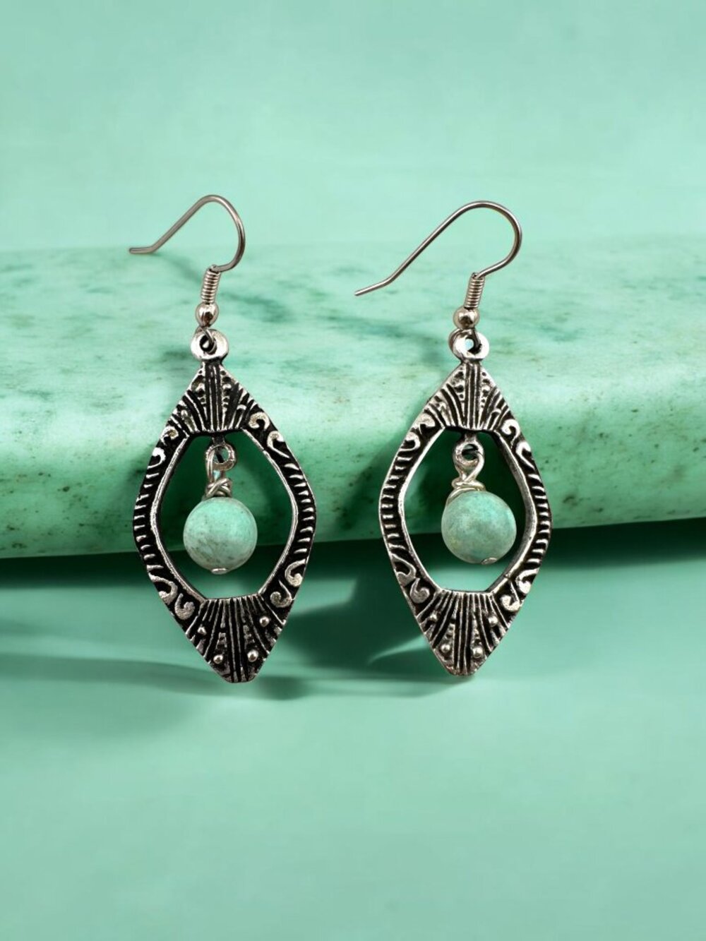 Peruvian Turquoise Earrings Antiqued Pewter Boho Southwestern Dangle